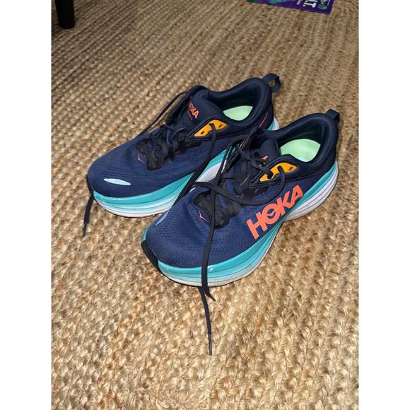 Hoka Bondi 8 running shoe in a blue and orange men’s size 9 - Picture 2 of 6